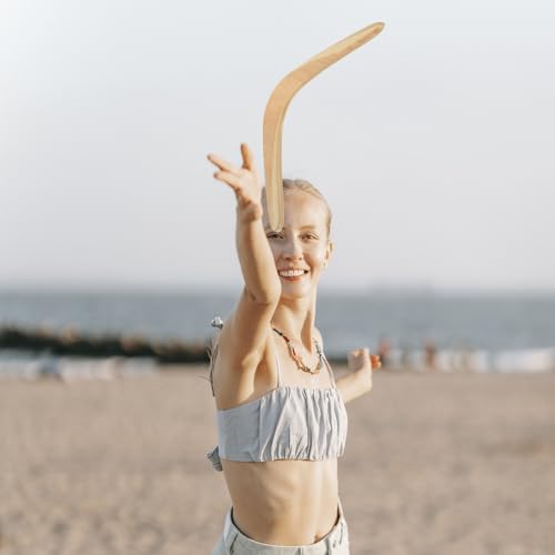 SEWACC Wooden Boomerang Outdoor Plaything for Kids and Adults, Beige Synthetic Material Flying Toy for Outdoor Sports and Family Fun