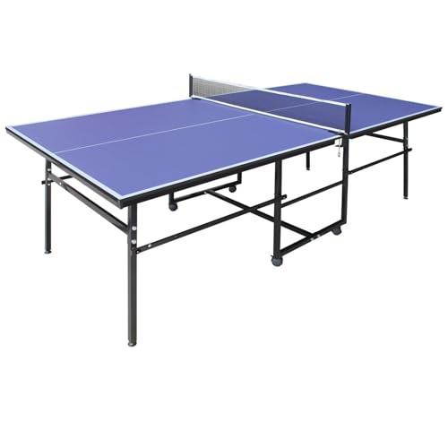 IUNNDS Portable Table Tennis Table 6/8/8.5/9FT Foldable Ping Pong Game Set for Indoor with Net and Post Set, 2 Paddles and 3 Balls - color: Blue-8.5FT