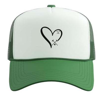 Croquet Heart - Heart with Croquet Mallets Trucker Hat with Adjustable Mesh Back - color: Kelly Green/White