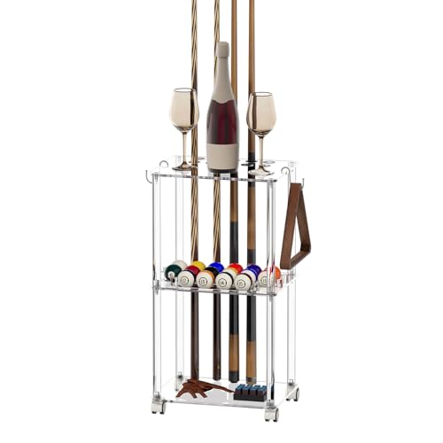 Sumerflos Acrylic Pool Stick Holder with Casters - Hold 10 Cues & 16 Balls Clear Pool Cue Rack for Billiard Game Room Portable