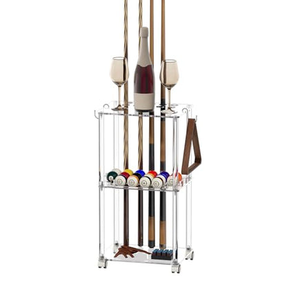 Sumerflos Acrylic Pool Stick Holder with Casters - Hold 10 Cues & 16 Balls Clear Pool Cue Rack for Billiard Game Room Portable