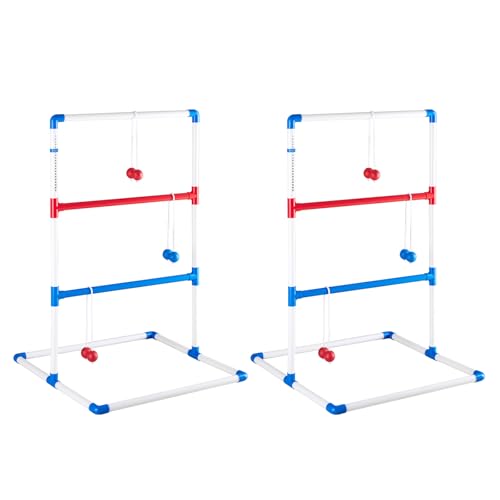 OLIXIS Ladder Ball Set for All Ages, Bolas, Scoreboards & Carry Bag, Wht | All-ages family fun for any occasion. Sturdy frame, easy setup, built-in scoring, lightweight & portable. - color: White&blue