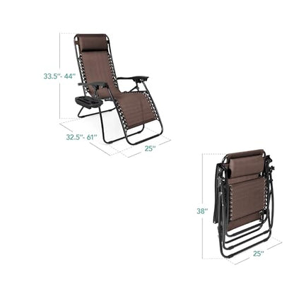 Best Choice Products Set of 2 Adjustable Steel Mesh Zero Gravity Lounge Chair Recliners w/Pillows and Cup Holder Trays - Brown - color: Brown, size: Standard