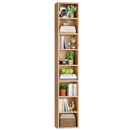 FOTOSOK 8-Tier Media Tower Rack, 11.6 X 9.3 X 71 Inches CD DVD Slim Storage Cabinet with Adjustable Shelves, Tall Narrow Bookcase Display Bookshelf for Home Office, Natural - color: Natural