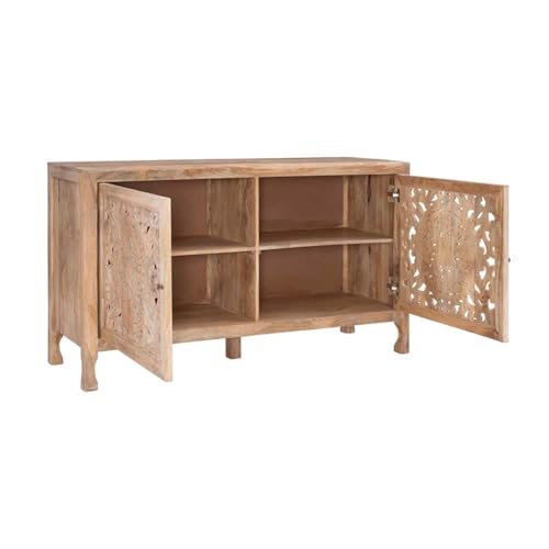 Pemberly Row Transitional Mango Wood Two Door Cabinet, Natural Brown Finish, 60" w x 20" d x 34" h, Handcrafted Storage Sideboard for Dining Room, Entryway, or Living Room