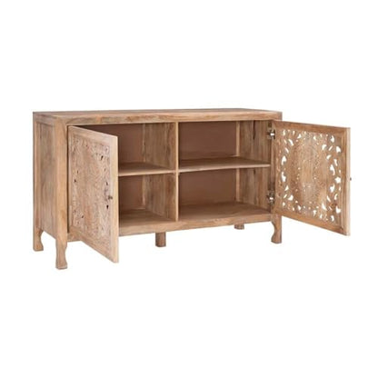 Pemberly Row Transitional Mango Wood Two Door Cabinet, Natural Brown Finish, 60" w x 20" d x 34" h, Handcrafted Storage Sideboard for Dining Room, Entryway, or Living Room
