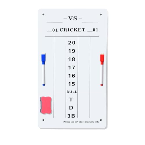 Hard Board Dry Erase Dart Scoreboard with Tempered Protective Film, 7.87x13.78 Inch Cricket & 01 Game Scoring Board with Markers & Eraser for Home, Game Room, Bar and Outdoor Use