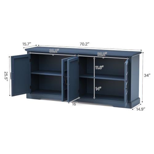Bigbiglife 70.2" Wood Buffet Cabinet, Farmhouse Buffet Sideboard Cabinet with 4 Doors and Adjustable Shelves, Coffee Bar Wine Bar Storage Cabinet for Kitchen, Living Room, Blue - color: Blue