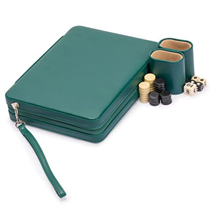 Yellow Mountain Imports Travel Size Backgammon Mini Game Set, Izmir - Magnetic Checkers and 9-inch Board in Sleek Leatherette Case - Classic Strategy Board Game - color: Green