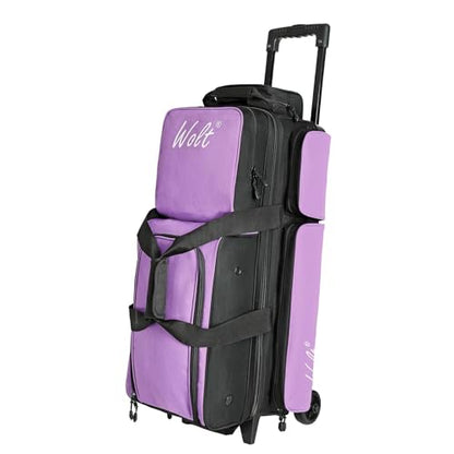 WOLT 3 Ball Bowling Bags with Wheels,Bowling Ball Bag 3 Ball Roller with Separate Shoe Compartment and Accessory Pocket, Retractable Handle Extends to 38’’ - color: Purple