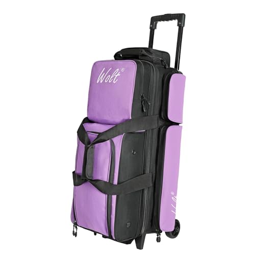 WOLT 3 Ball Bowling Bags with Wheels,Bowling Ball Bag 3 Ball Roller with Separate Shoe Compartment and Accessory Pocket, Retractable Handle Extends to 38’’ - color: Purple