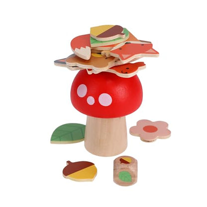 Petit Collage: Woodland Wobble | Wooden Stacking Game for Kids | Roll the Die and Stack the Objects on the Mushroom | Don't let the Tower Fall!| Great for Ages 4+