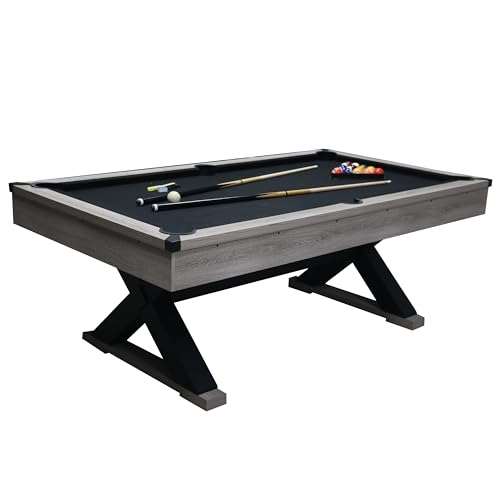7 ft Pool Table, 84” Billiard Table with Billiard Balls, Cues, Cleaning Brush, X-Shaped Legs and Black Cloth, for Family Game Room, Adult Rrec Room, Basements or Garage
