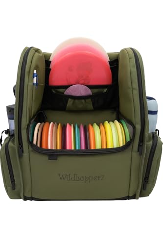 Disc Golf Backpack, Holds 26+ disk with putter slots, Heavy Duty 600D Polyester, Multiple Storage Pockets, Cinch Tie Drink Pockets, Pencil and Pad slots, Durable and Waterproof