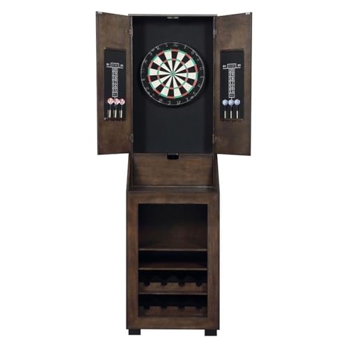 BOWERY HILL Dartboard Cabinet, 24" W x 15" D x 45" H, Walnut Finish, Includes Dartboard, Scoreboards, Darts, Wine Rack, Drop Down Storage Shelf, Traditional Style for Game Room Entertainment