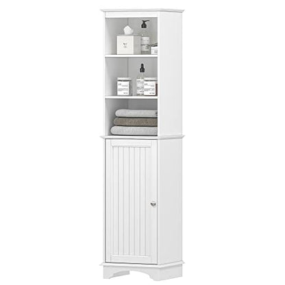 Spirich Tall Narrow Bathroom Storage Cabinet, Slim Linen Tower Cabinet | 3 Open shelves and Adjustable Interior Shelf, Space-saving, Freestanding, Engineered Wood, White, Perfect for Tight Corners