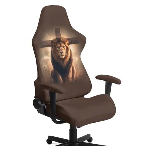 Suobstales Lion Cross Pattern Gaming Chair Cover Cat Scratch Proof Gaming Chair Slipcovers with Armrest, Stretchable Waterproof Office Desk Racing Chair Cover, Universal Fit for Computer Gamer Chairs - color: Lion Cross