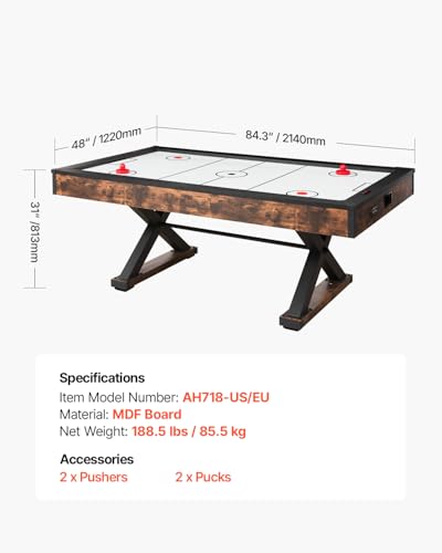 VEVOR 84" Air Hockey Table, Indoor Arcade Table Gaming Set with 2 Pushers, 2 Pucks, Electronic Scorer, X-Shaped Legs & High-Powered Blower, Air Powered Hockey Game Table for Family Game Room Office