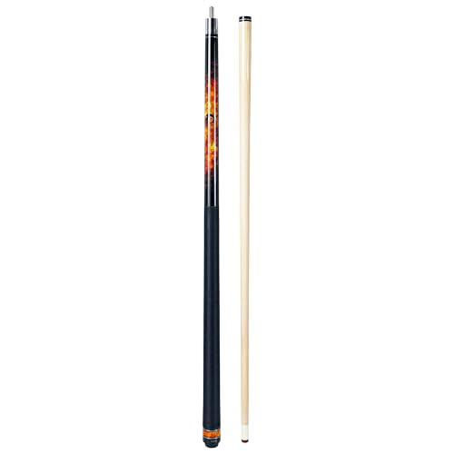 ASKA Fireball 2-Piece Pool Cue Stick, 58", 19oz, Hardrock Maple Shaft, 12.75mm Hard Leather Tip, Unique Fireball Graphic Overlay, Black Irish Linen Wrap and Marbleized Orange Swirl Ring Accent.