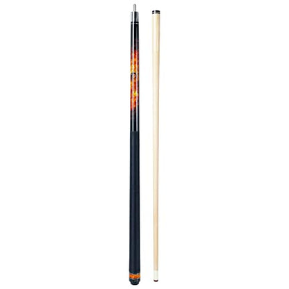 ASKA Fireball 2-Piece Pool Cue Stick, 58", 19oz, Hardrock Maple Shaft, 12.75mm Hard Leather Tip, Unique Fireball Graphic Overlay, Black Irish Linen Wrap and Marbleized Orange Swirl Ring Accent.
