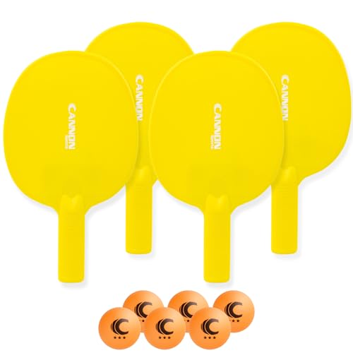 Cannon Sports Unbreakable Table Tennis Paddle Set - 4 Rackets with 6 Pack of 3-Star Table Tennis Balls – Portable Set for 4 Players - color: 4 Yellow Paddles + 6 Orange Balls
