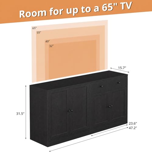 TUSY 71" TV Stand Storage Set, Black, AEEA | 2 Tall Bookcases & 2 Side Cabinets, Media Console with Glass & Wood Doors, Entertainment Center with Drawers - color: Black
