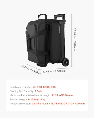 VEVOR Bowling Ball Bag, 2-Ball Bowling Bag with Wheels, Featuring a Separate Compartment for Shoes (Up to US Size 16) & Oversized Accessory Pocket, Retractable Handle Extends to 41.32 in - style: Black