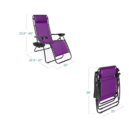 Best Choice Products Set of 2 Adjustable Steel Mesh Zero Gravity Lounge Chair Recliners w/Pillows and Cup Holder Trays - Amethyst Purple - color: Amethyst Purple, size: Standard