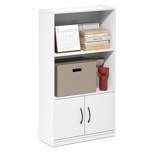Furinno Gruen Book Shelf, 3-Tier Bookshelf, Bookcase with Open Shelf and 2 Doors Storage Cabinet, 9.3 x 21.8 x 39.5, for Organization and Storage, for Living Room, Bedroom, Home Office, White - color: White, size: 3-Tier with Cabinet