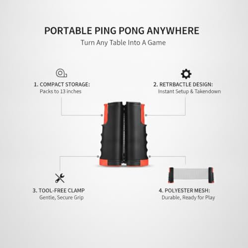 Retractable Table Tennis Net Set, Portable Ping Pong Net with Clamp-On Posts for Standard Tables, Black Polyester Mesh Kit