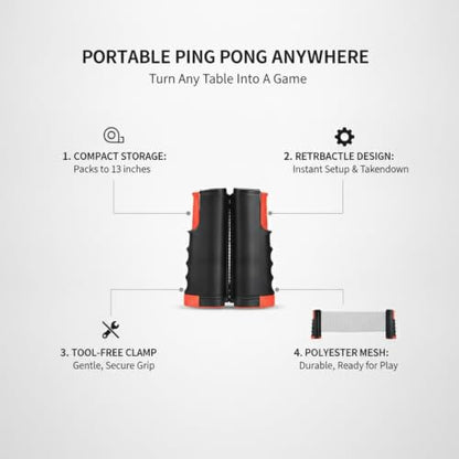 Retractable Table Tennis Net Set, Portable Ping Pong Net with Clamp-On Posts for Standard Tables, Black Polyester Mesh Kit
