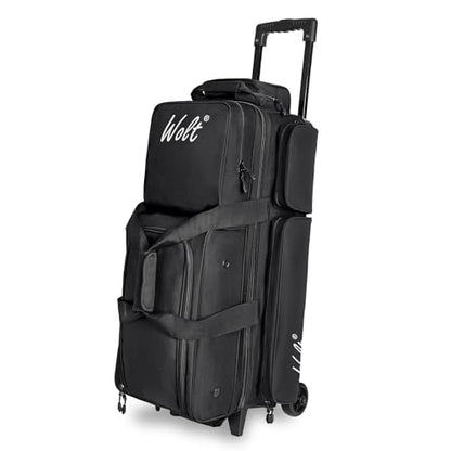WOLT 3 Ball Bowling Bags with Wheels,Bowling Ball Bag 3 Ball Roller with Separate Shoe Compartment and Accessory Pocket, Retractable Handle Extends to 38’’ - color: black