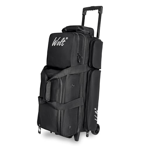 WOLT 3 Ball Bowling Bags with Wheels,Bowling Ball Bag 3 Ball Roller with Separate Shoe Compartment and Accessory Pocket, Retractable Handle Extends to 38’’ - color: black