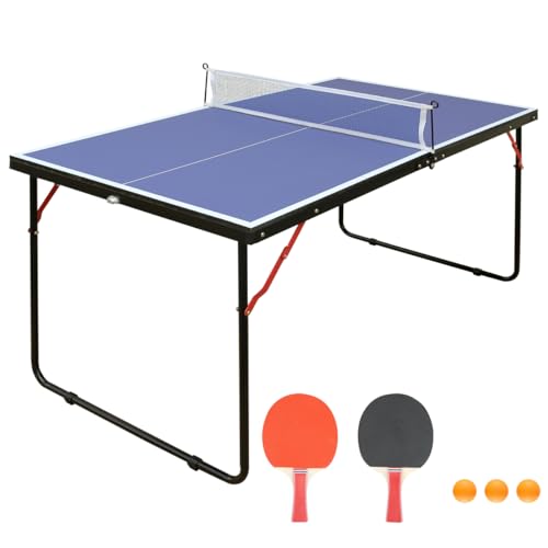 4.5ft Black Table Tennis Table Foldable & Portable Ping Pong Table Set with Net and 2 Ping Pong Paddles for Indoor Outdoor Game - color: Blue + MDF
