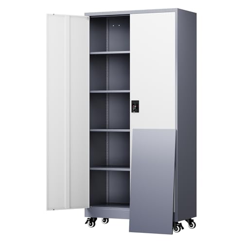 Yizosh Metal Garage Storage Cabinet with Locking Doors and Adjustable Shelves,- 75" Rolling Steel Tool Cabinet for Home Office,Garage,Warehouse - color: Gray White, size: 75"H x 32"W x 16"D