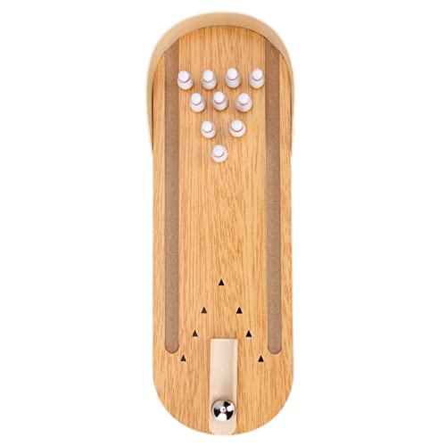 Rosvola Wooden Mini Bowling Game Set, 11.64x3.93inch, Adjustable Metal Ball Plate, Portable Stress Relief Toy for Kids Adults Home Office
