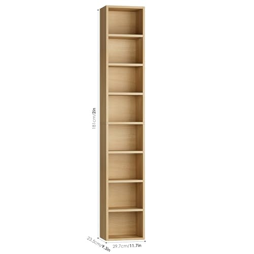 FOTOSOK 8-Tier Media Tower Rack, 11.6 X 9.3 X 71 Inches CD DVD Slim Storage Cabinet with Adjustable Shelves, Tall Narrow Bookcase Display Bookshelf for Home Office, Natural - color: Natural