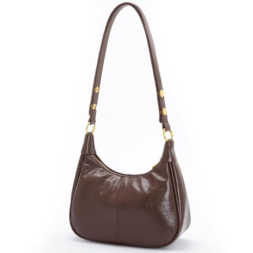 Shoulder Bags for Women Small Hobo Bags Crescent Shaped Cute Retro Tote Handbag Mini Clutch Purse with Zipper Closure - color: Brown Vegan Leather