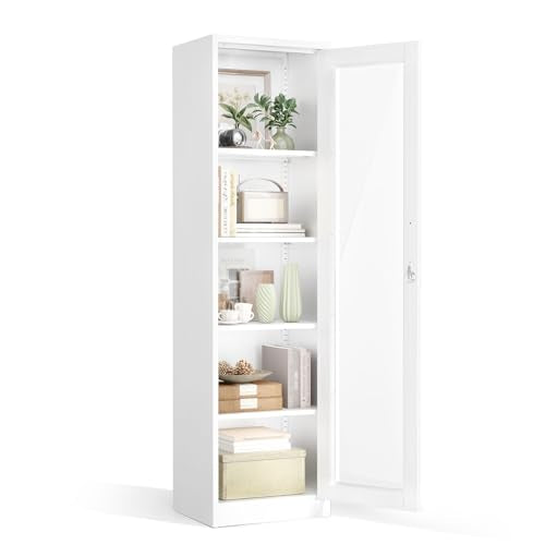 VINGLI Lockable Display Cabinet with Glass Door & 4 Adjustable Shelves, 65" Tall Metal Storage Cabinet Curio Liquor, Bookshelf Bookcase for Home Office Living Room Pantry Garage (White) - color: White, size: 65" Glass Door Cabinet (Single Door)