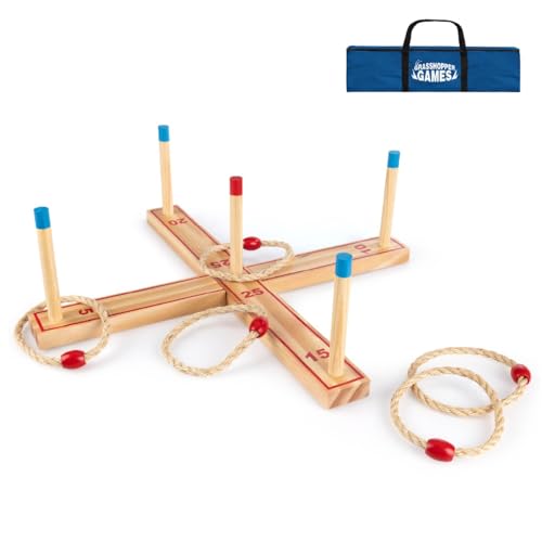 Ring Toss - Classic Throwing Game, Wood Set, 5 Stumps & Hoops, Indoor-Outdoor Play, Travel Bag, Party-Backyard Activity, Family Age 3+
