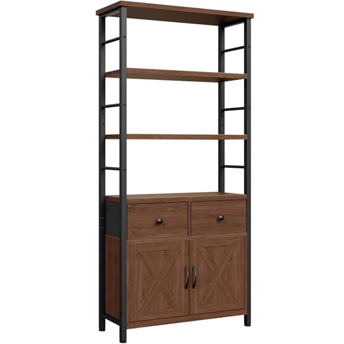 HOOBRO Bookshelf with Doors, Rustic Bookshelf with Drawers, Industrial Display Standing Shelf Units, Wooden and Metal Storage Shelf for Living Room, Home Office, Dining Room, Walnut and Black BH75SJ01