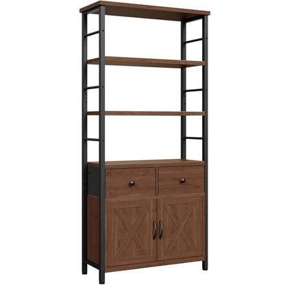 HOOBRO Bookshelf with Doors, Rustic Bookshelf with Drawers, Industrial Display Standing Shelf Units, Wooden and Metal Storage Shelf for Living Room, Home Office, Dining Room, Walnut and Black BH75SJ01