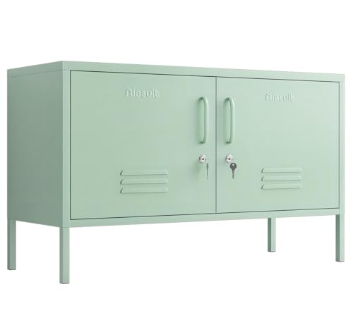2 Door Metal TV Stand Media Console for Large TV, 2-Tier Multi-Purpose Lockable Wide Storage Cabinet, Industrial Accent Cabinet for Home, Office, Entryway, Hallway - color: Sage