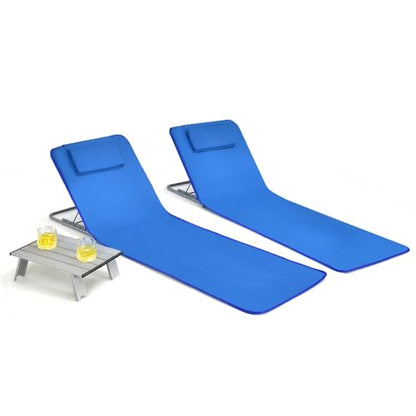 Goplus Beach Chairs with Side Table, 2 Pack Folding Lounge Chairs for Adults, with 5 Adjustable Position, Backpack Lightweight Reclining Lounge Chair for Lawn Camping Picnic Sunbath Pool (Navy) - color: Navy