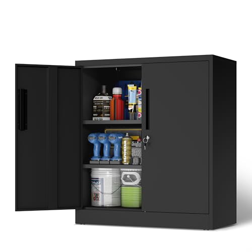 Garage Metal Storage Cabinet with Lock, H35.5 Short Storage Cabinet with Adjustable Shelves and Doors, Metal Tool Cabinet Lockable for Garage, Utility Room - color: Black, style: 2 Doors & 2 Shelves