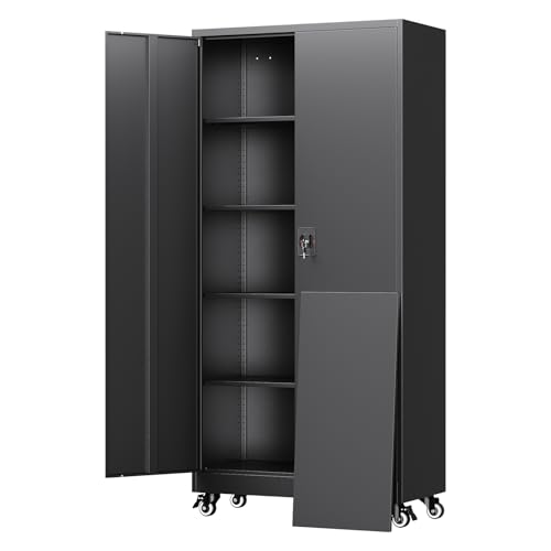 Yizosh Metal Garage Storage Cabinet with Locking Doors and Adjustable Shelves,- 75" Rolling Steel Tool Cabinet for Home Office,Garage,Warehouse - color: Black, size: 75"H x 32"W x 16"D
