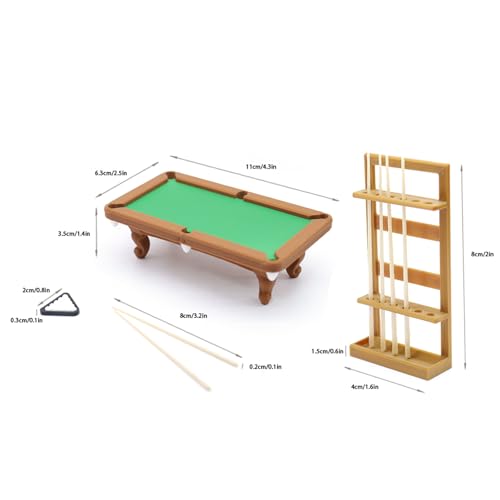 Mini Pool Table Toy for Kids 3+, 1:12 Scale Billiards Set, Cues & Balls, Hand Eye Coordination