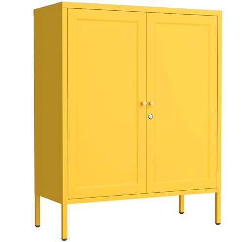 Lockable Metal Storage Cabinet Double Door Metal Cabinet Home Decor Cabinet with Adjustable Shelves Coffee Bar Cabinet Suitable for Living Room and Dining room Yellow : 13.8"D x 31.5"W x 36"H - color: Yellow, style: locker-36"H-BW