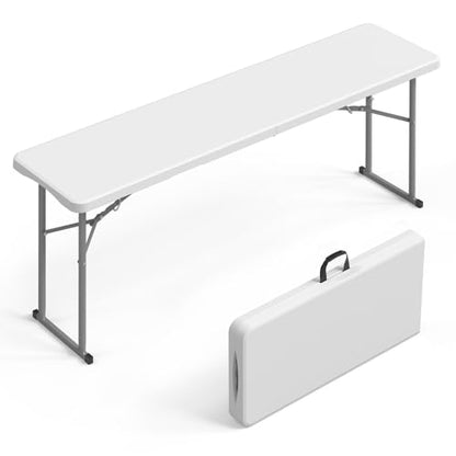 VINGLI 6 FT Narrow Folding Table, Tabletop Folded in Half, Premium Quality HDPE Material and Sturdy Metal Frame, Perfect for Buffet, Seminar, Party, Training, Home Work, White - color: White