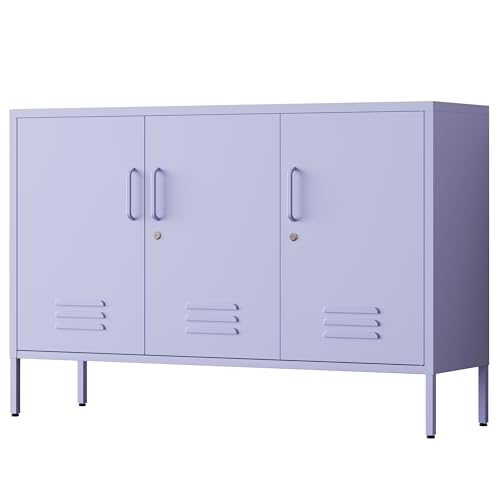 Lockable metal storage cabinet 32-inch freestanding metal sideboard Three-door multi-purpose storage unit Featuring two adjustable shelves for ample storage capacity Purple 13.77"D x 47.3"W x 31.5"H - color: Purple, style: locker-33"H-FE